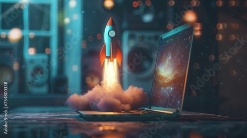 Rocket coming out of laptop screen, innovation and creativity concept, background. AI generative