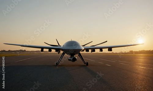 Abstract secret technology war drone with a camera hovers near the ground, capturing stunning aerial footage at sunset with its advanced technology. UAV concept.