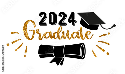 2024 Graduate . Trendy calligraphy golden glitter inscription with black hat