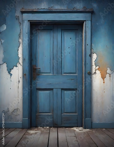 Blue Modern Door on a Painted Old Wall, Generative AI
