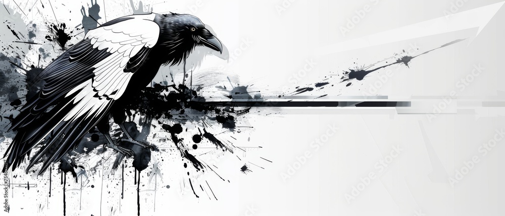 Fototapeta premium a black and white bird sitting on top of a black and white paint splattered wall next to a pair of scissors.