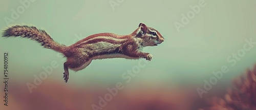  a squirrel flying through the air with it's front legs in the air and it's tail in the air. © Jevjenijs