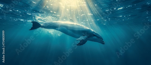  a dolphin swimming in the ocean with sunlight shining down on it's back and its head above the water's surface. © Jevjenijs