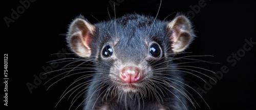  a close up of a rat looking at the camera with a surprised look on it's face, with a black background.