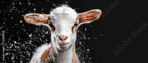  a close up of a baby goat with water droplets coming out of it's ears on a black background. © Jevjenijs