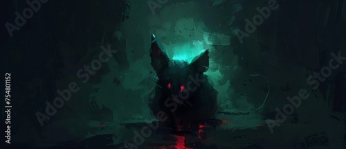  a digital painting of a dog in a dark room with a green light on its face and a red light on its head.