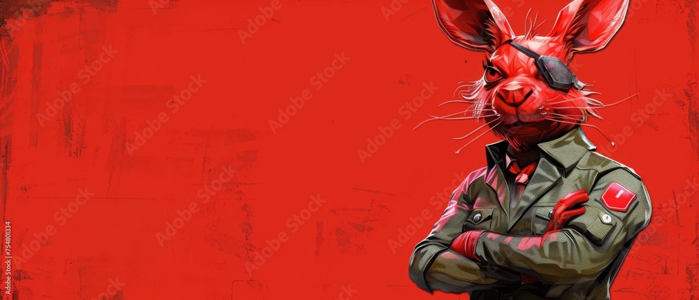 a painting of a red rabbit in a military uniform, with his arms crossed, standing in front of a red background. a painting of a red rabbit in a military uniform, with his arms crossed, standing in front of a red background.