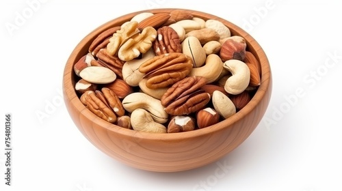 Mixed nuts are arranged in a wooden bowl, isolated against a white background, captured from a top-down perspective.