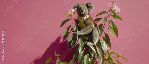  a koala sitting on top of a pink wall next to a tree with leaves and flowers in front of it. photo