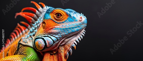 a close up of an iguana with orange, blue, and green colors on it's face. © Jevjenijs