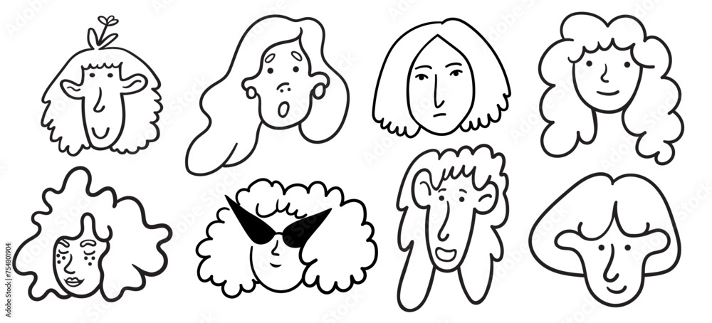 Obraz premium set of girls portrait in doodle style in vector. line art for avatar design sticker coloring postcard poster print