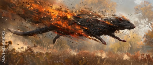  a painting of a rat flying through the air with fire coming out of it's back legs and tail.