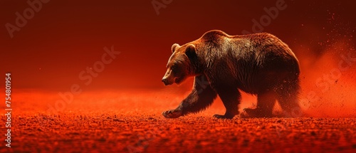  a large brown bear walking across a grass covered field with a red sky in the background and dust in the foreground.