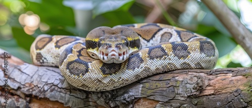  a close up of a snake on a tree branch with a blurry background of leaves and branches in the background.