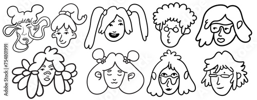 set of girls portrait in doodle style in vector. line art for avatar design sticker coloring postcard poster print