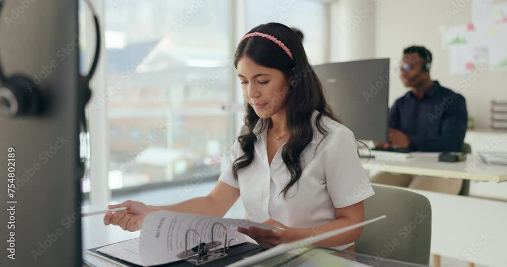 Call center, recruitment and woman in office with contract, documents or customer service training. Telecom, startup and consultant with telemarketing coaching manual, lead generation or compliance