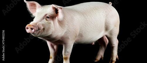 a close up of a pig on a black background with a red spot in it's ear and a pink spot in the pig's ear.