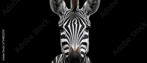  a close up of a zebra's head on a black background with a white and black stripe on it.