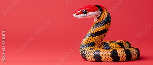  a close up of a snake statue on a pink background with a red background and a black and yellow striped snake.