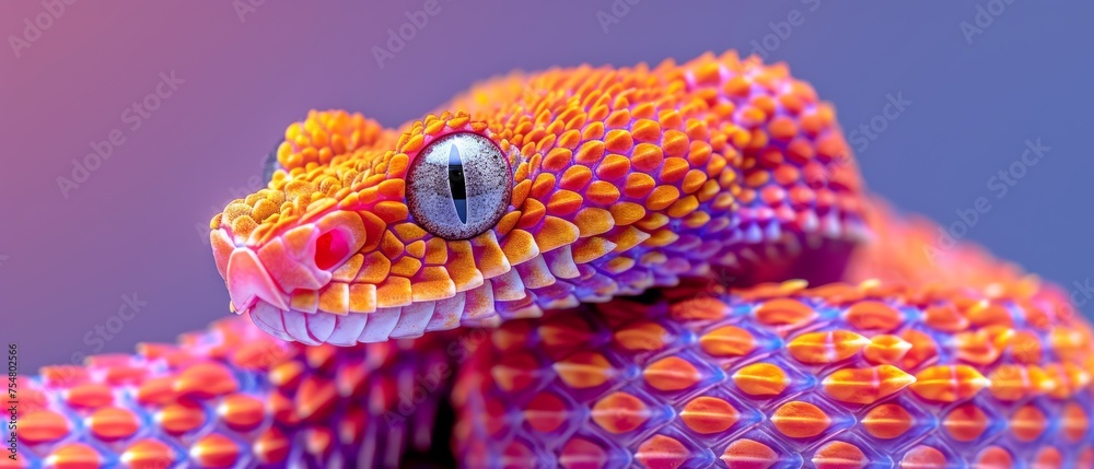 a close up of a snake's head on a purple and orange background with a blue sky in the background. a close up of a snake's head on a purple and orange background with a blue sky in the background.