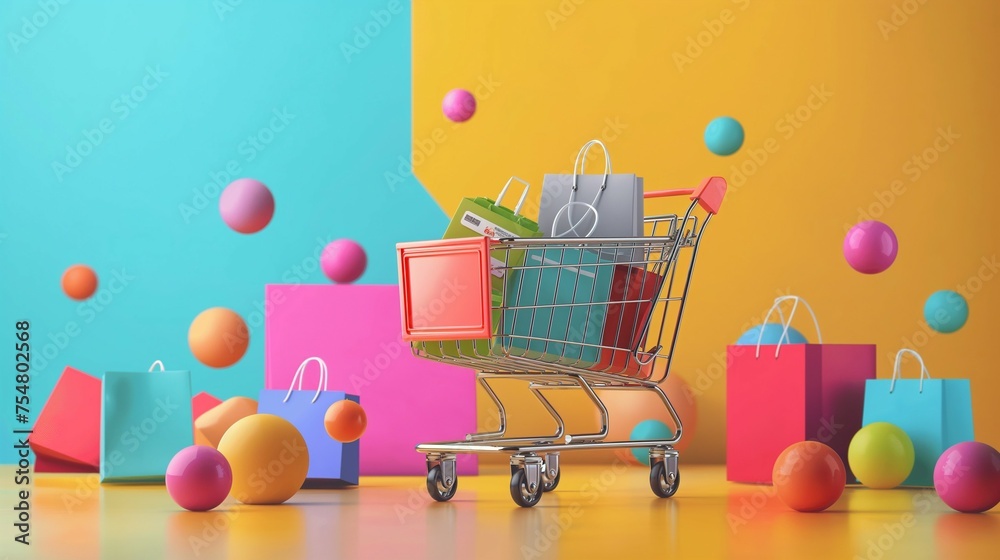 A shopping cart with shopping bags. A shopping cart with shopping bags.