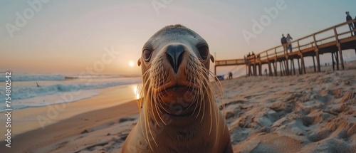  a close up of a seal on a beach near the ocean with people standing on a pier in the background. photo