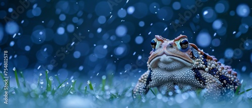  a close up of a frog in a field of grass with rain falling on the grass and it's eyes open.