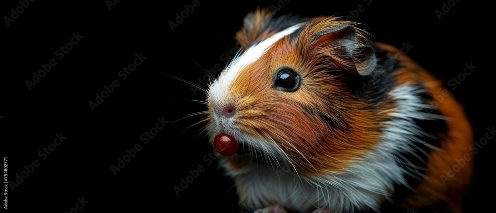 a close up of a brown and white hamster with a red nose sticking out of it's mouth. a close up of a brown and white hamster with a red nose sticking out of it's mouth.