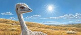 a painting of an ostrich in a grassy field with the sun in the sky above it and clouds in the background.