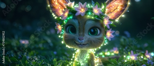  a close up of a cat in a field of grass with flowers on its head and lights on its ears.