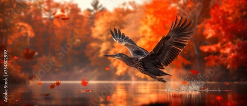  a large bird flying over a body of water near a forest filled with orange and red leaves on a fall day. photo