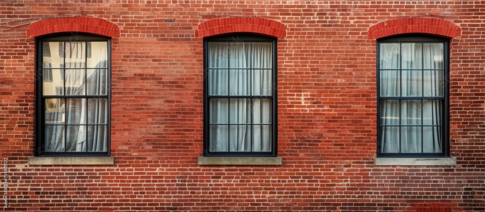 Fototapeta premium A red brick building featuring three windows on each side, creating a symmetrical look. The windows are evenly spaced and add character to the otherwise uniform brick facade.