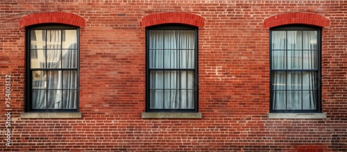A red brick building featuring three windows on each side, creating a symmetrical look. The windows are evenly spaced and add character to the otherwise uniform brick facade.