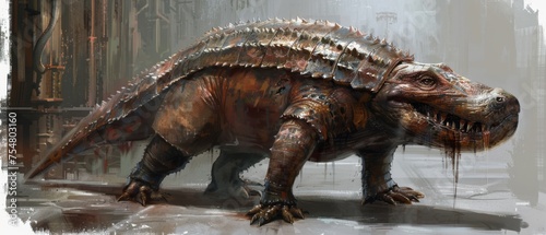  a digital painting of a dinosaur in a dirty area with a building in the background and dripping paint all over it s body.