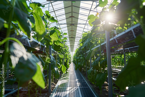 the integration of perovskite solar panels in agricultural greenhouses, harnessing renewable energy while providing shade and optimizing crop growth conditions photo