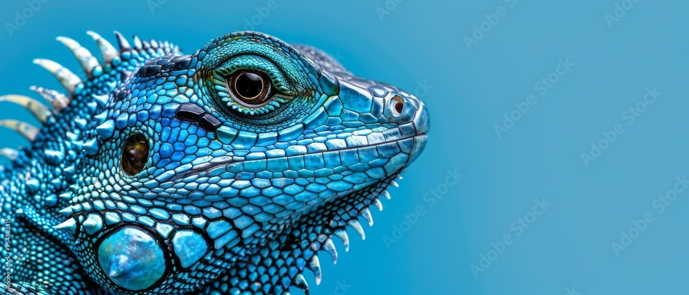  a close - up of a blue iguana's head against a light blue background, with the eye of the iguanaguanaguana in the foreground.