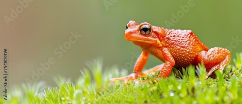  a small orange frog sitting on top of a lush green grass covered ground in front of a blurry background. © Jevjenijs