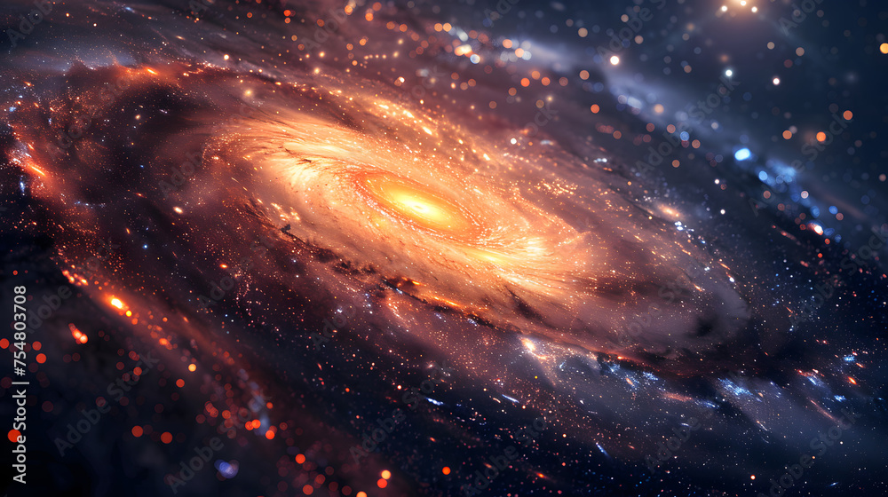 A galaxy with swirling orange and white spiral arms and a bright center. The background is black, and the galaxy is surrounded by stars. A galaxy with swirling orange and white spiral arms and a bright center. The background is black, and the galaxy is surrounded by stars.