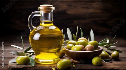 Olive oil and olive berries are arranged on a wooden table beneath an olive tree.