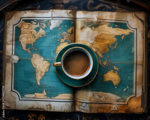 古い世界地図の上のコーヒー