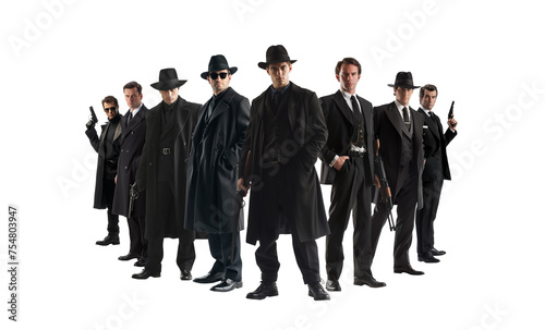 Group of gangsters. Handsome and mysterious men wearing trench coats, fedoras and guns. Noir style. Retro vintage style. Cinematic mafia pose. Transparent PNG background.  