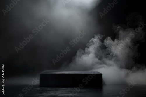 Square product podium on dark background with smoke