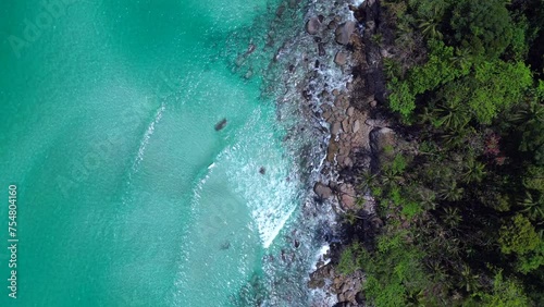 stone beach big waves paradise jungle island Lovely aerial top view flight drone photo