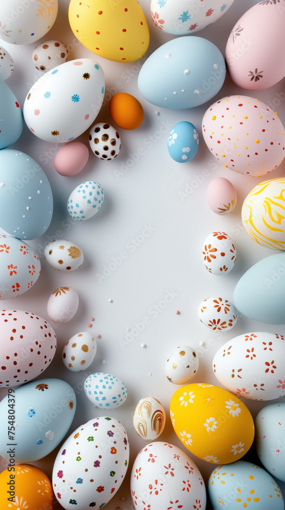 An Easter egg border with big and little painted, decorated eggs for a social media story against a white background with room for text. 
