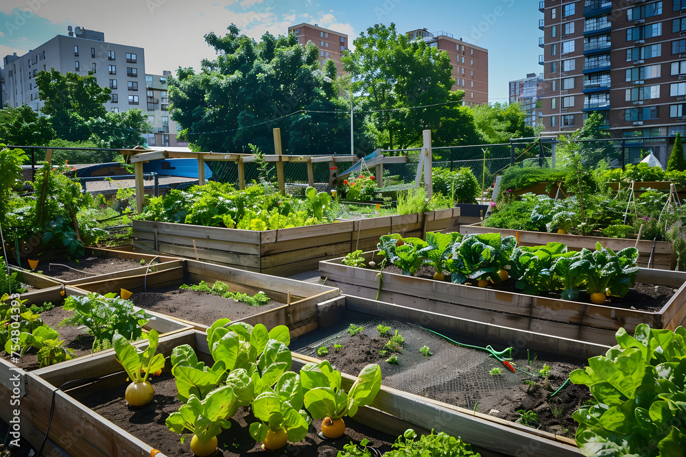 rooftop gardens and community allotments transforming urban spaces into productive hubs for growing fruits, vegetables, and herbs locally - obrazy, fototapety, plakaty 