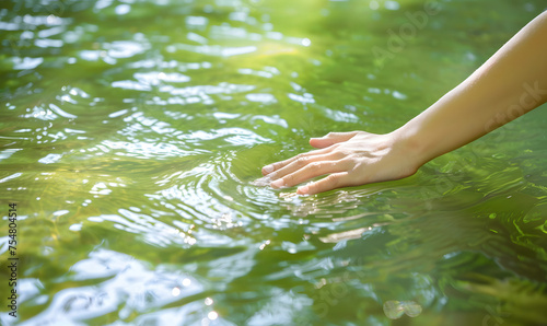 A hand touching the surface of pure green water of the river in nature on a sunny day  Generative AI