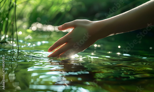 A hand touching the surface of pure green water of the river in nature on a sunny day  Generative AI