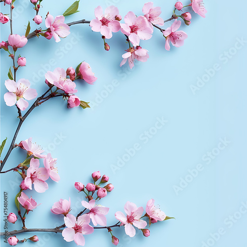 Flowering branch of cherry on a blue background. Place for text.