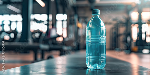 A clear plastic bottle of water on the floor of a modern gym, emphasizing health and hydration themes