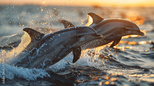 Playful bottlenose dolphins jumping photo
